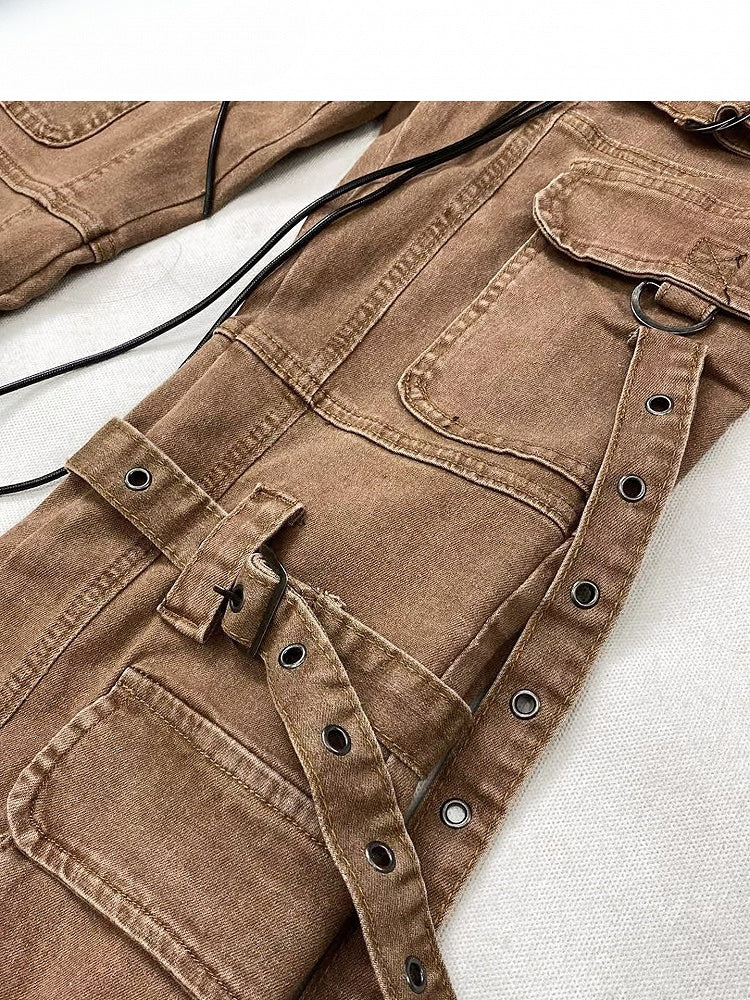 Wasteland Silhouette Flare Lace-up Jeans Punk Detail Brown Coffee