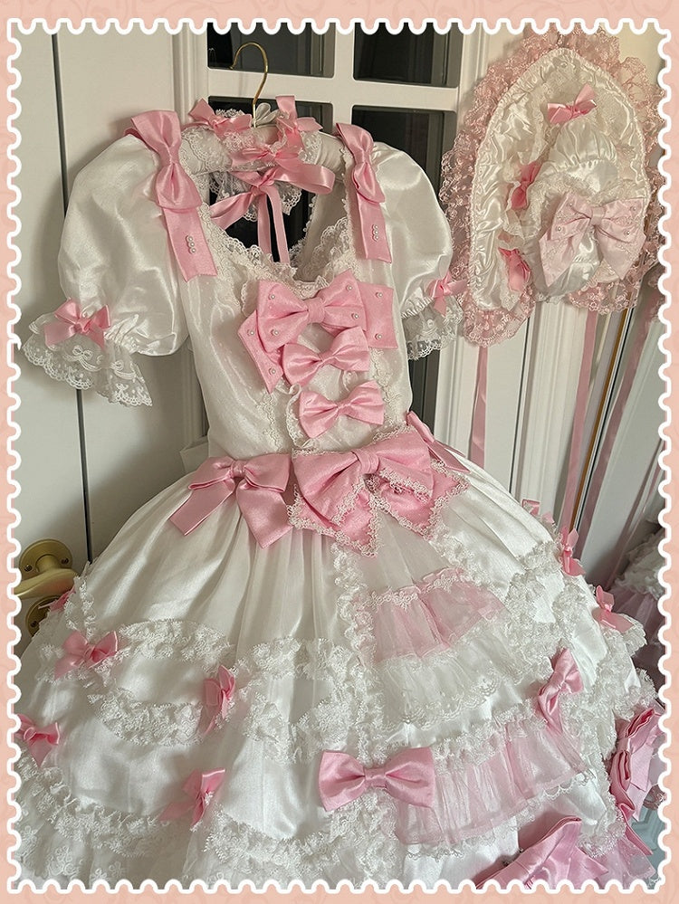 Dress High Sweet Pink with White Waist Sleeves Detachable Lolita Bow Princess Accents