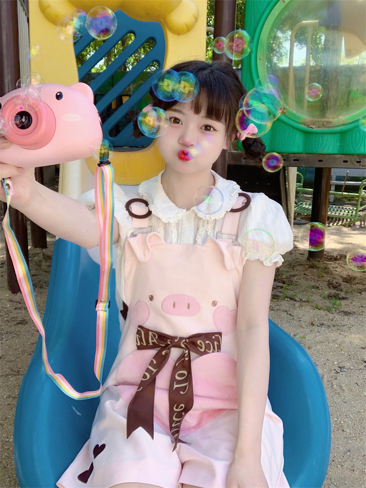 Adorable Piggy Pattern Bubble Shorts Overalls Pink
