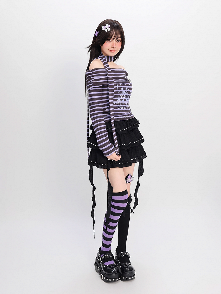 Neckline Striped Top Off-the-shoulder with Free Gray and Y2K Purple Scarf