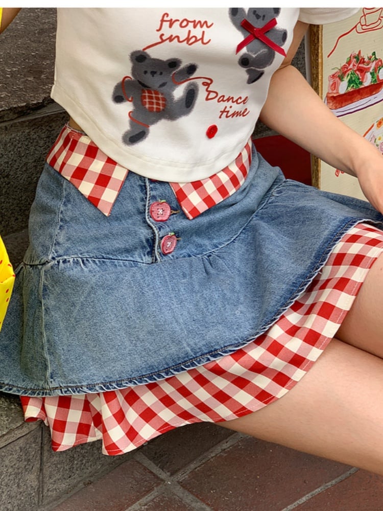Two-pieces Tiered Denim Skirt Red Plaid Hem Blue High Waist Faux