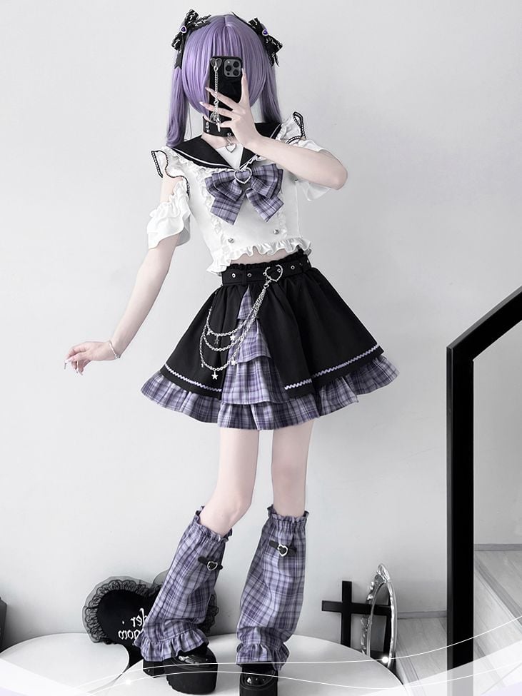 Black Set-Sailor Kei Purple Top+Purple Short And Plaid Collar Skirt Sleeves Full Shoulder Jirai Cutout