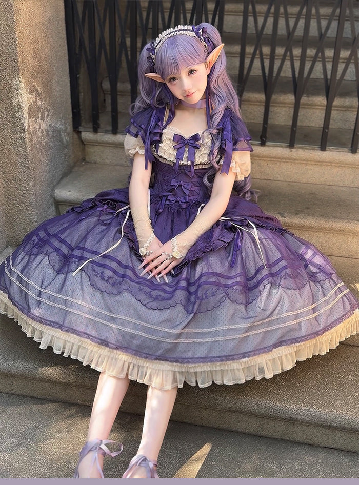 パープルのボーン入りバスクウエスト、エレガントなアンダーバスト、クラシックなロリータジャンパースカート