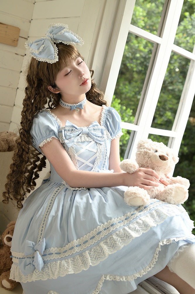 and Short Piece Blue One Neckline Puff Old Lolita School Sleeves Cotton Dress Square