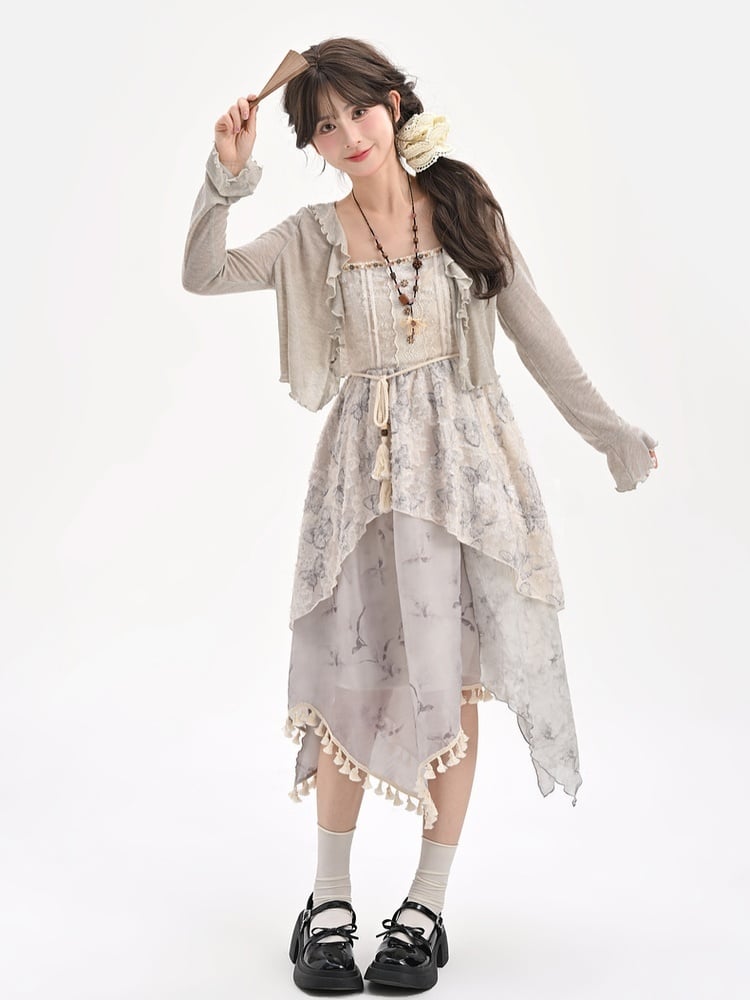 Ruffle Trim Open Placket Cardigan Grey