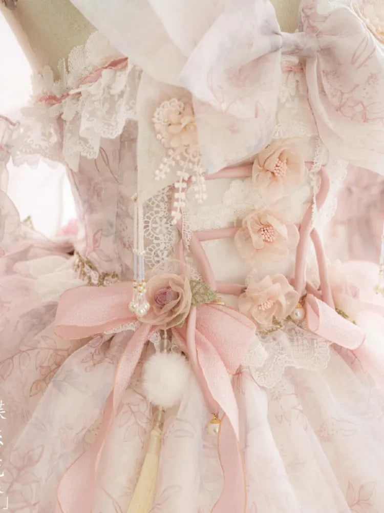 Pink Princess Fairy Floral Design Set Full Butterfly and JSK Dress Lolita Flower