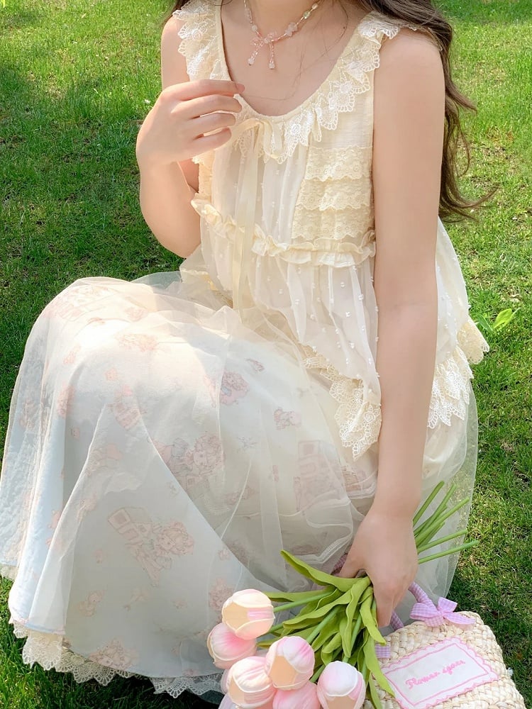 Self-tie Tank Top Bow Lace Trim Elegant with Beige Tiered