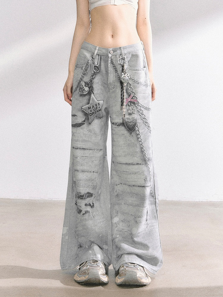Light Gray Low Rise Chain Print Distressed Wide-leg Jeans