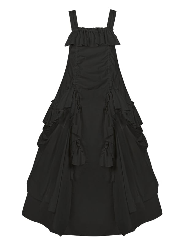 Dress Loose Design Black Ruffles Drawstring Goth Cascading