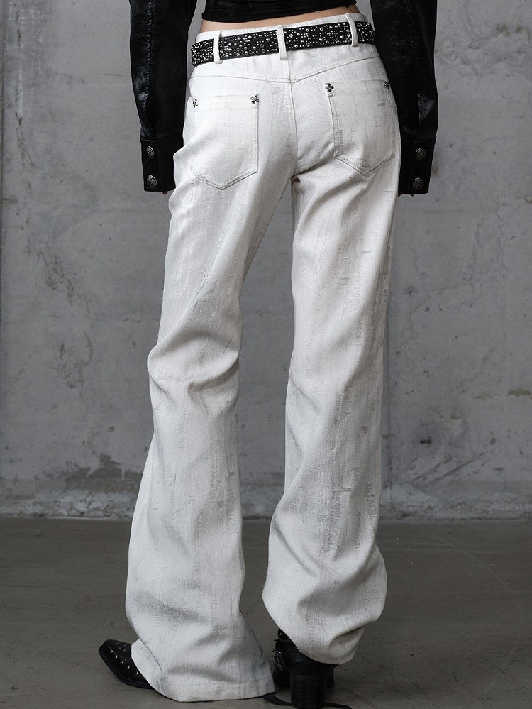with Chain Studs Print Punk Cross Pants Button-Up Wide-Leg Fly White