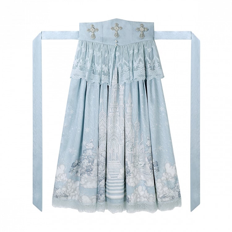 White Skirt High Cape Waist Top Cami + Tulle Print Castle Blue
