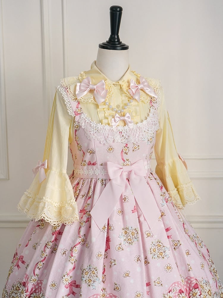 Gelbe Baumwollbluse mit rundem, flachem Kragen und Glockenärmeln
