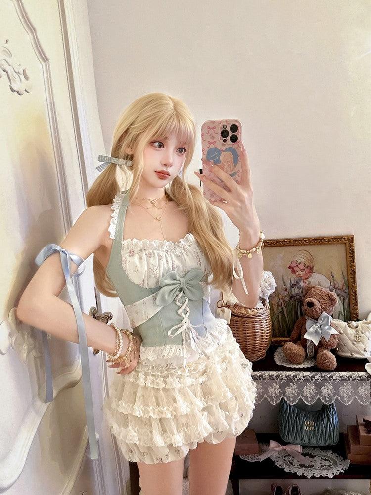 Denim-Blue Floral Lace-Trim Halter Top With Bow Accent