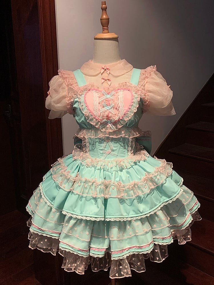 Lolita Dress Sweet Polka-dot Green Pink Heart Pattern Ruffled Heart Front Mint