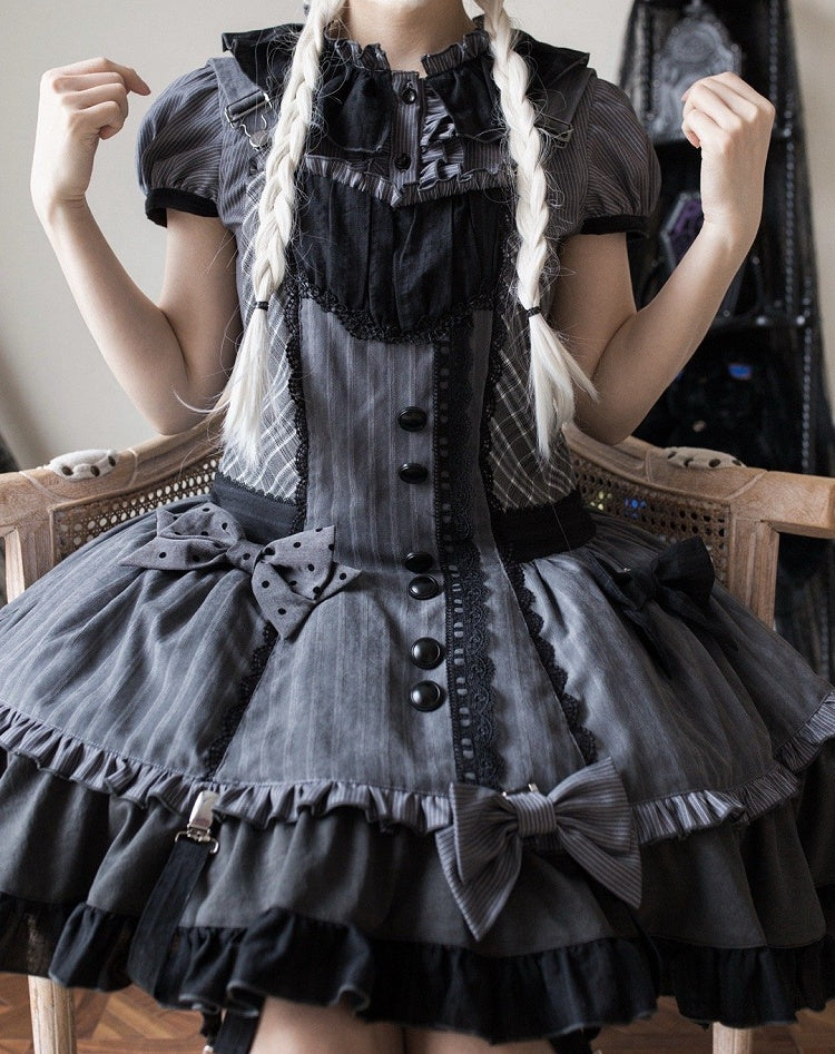 Detachable Bodice Gray Dark Overall Hood Plaid Lolita Ears Bunny Dress with Pattern