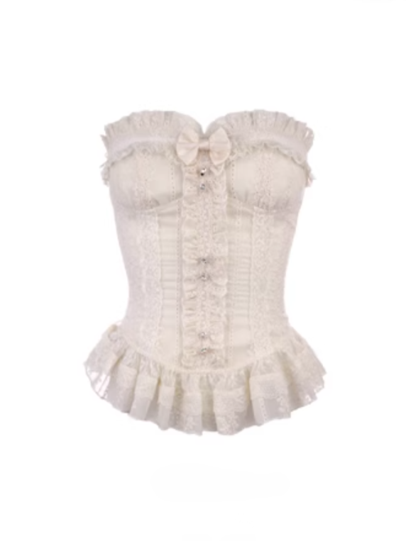 Bustier With Embroidery Corset Floral Lace Bow White Detachable Ruffled