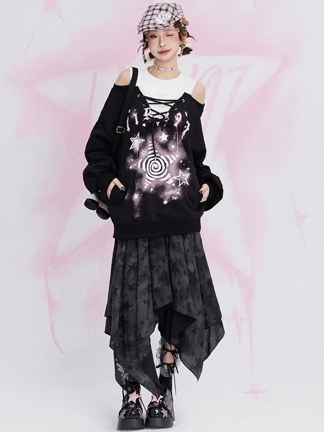 Black Star Fake Two-piece Cutout Shoulder Sweatshirt