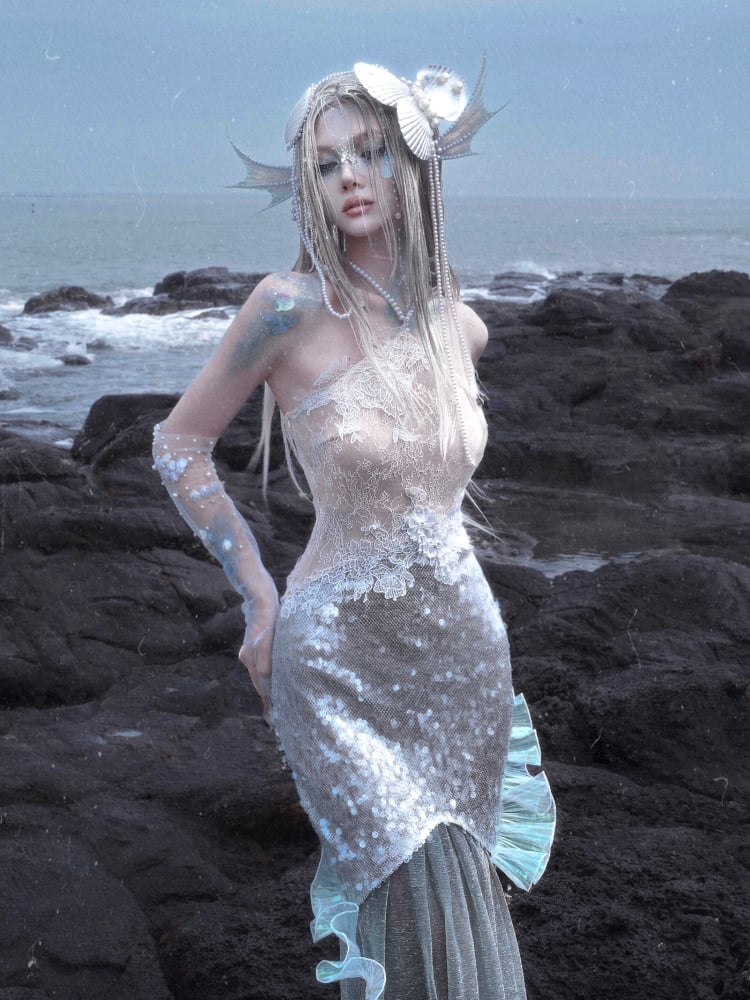 Sequins Mermaid Fairy Bodycon Dress Goth Shining Beaded Vacation Halter Neck