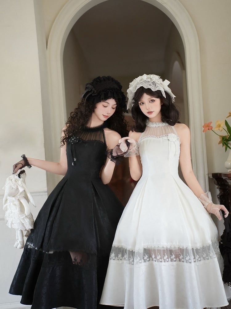 Lace Jacquard Illusion All Rosette Halter Neck White Prom Dress Panels Fabric