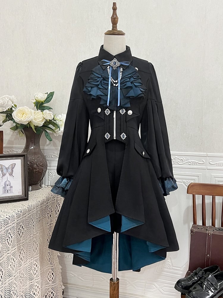 Long Shirt - Black Ouji Blue + Sleeves Tie Waistcoat Jabot Full and Prince Shorts Lolita Set