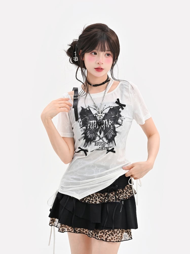 Y2K Black Leopard Pattern Mini Tiered Skirt with Details Glamorous Lace-up