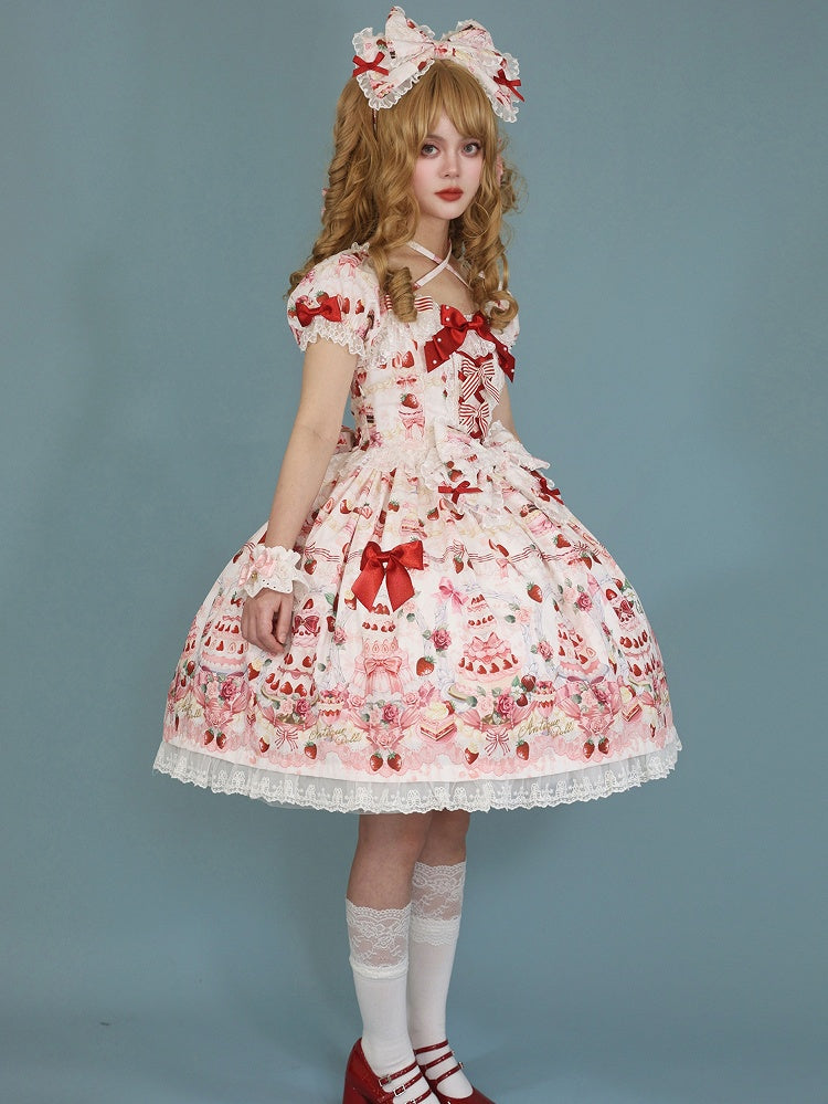 Bow Sweet Set Print White Strawberry Accents / Lolita Full Cake Dress