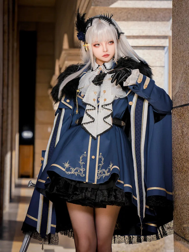 XXL Goldmantel Blauer Rock + Set Cape Shirt Jabot Besatz Ausverkaufsgröße Voll Lolita Militär und