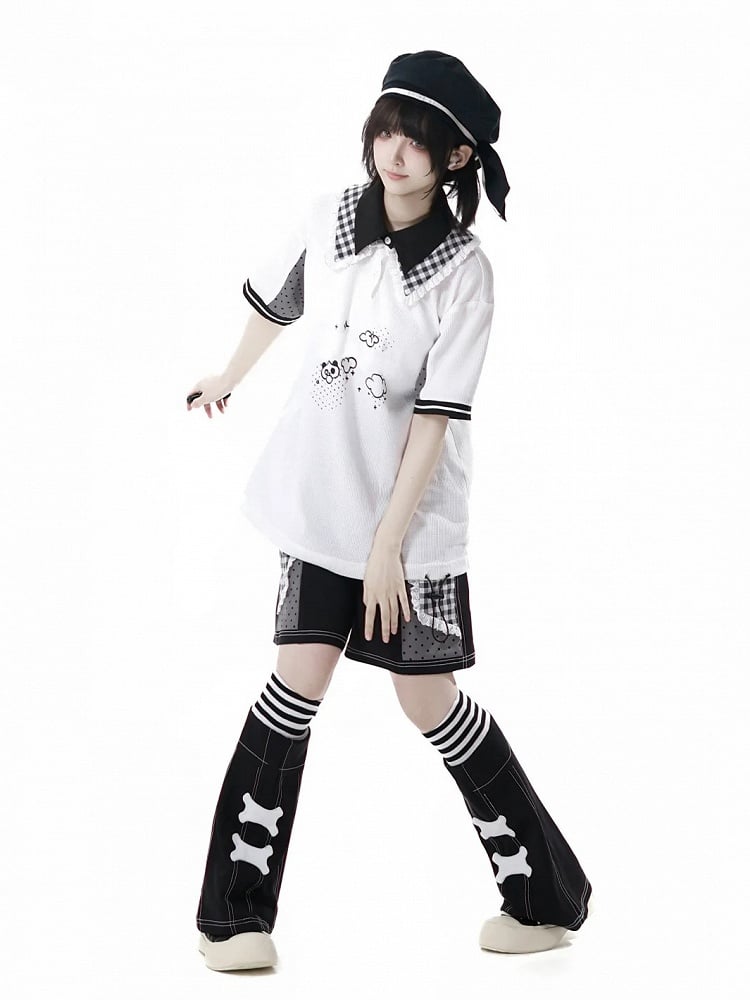 Black Plaid Patchwork Lace Trim Wide-leg Shorts White and