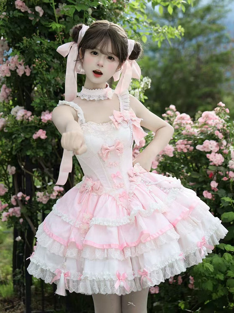 Dress Lolita Accents Chains Bead Pink Waist Flower and Corset Bow Qi