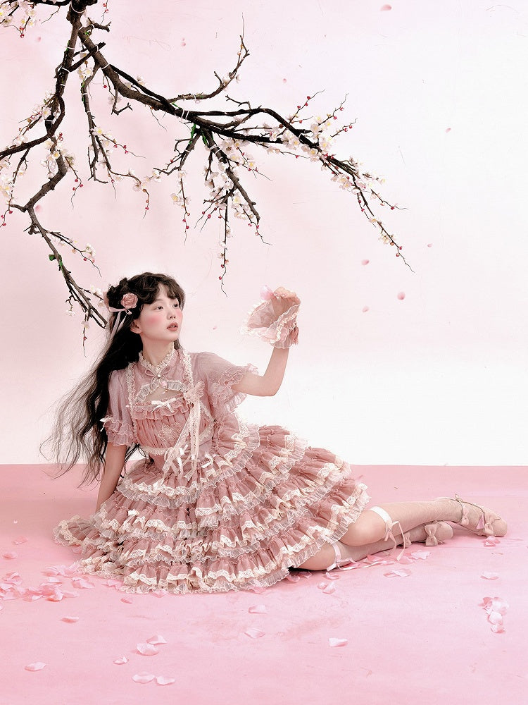 Lolita Ruffles Embroidery with Pink Lace Goldfish Details Dress Sweet and Tiered