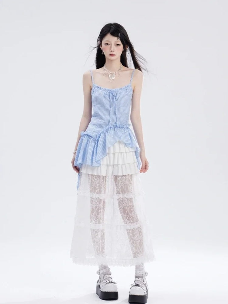 Cami Top Blue Striped Pattern Asymmetrical Hem