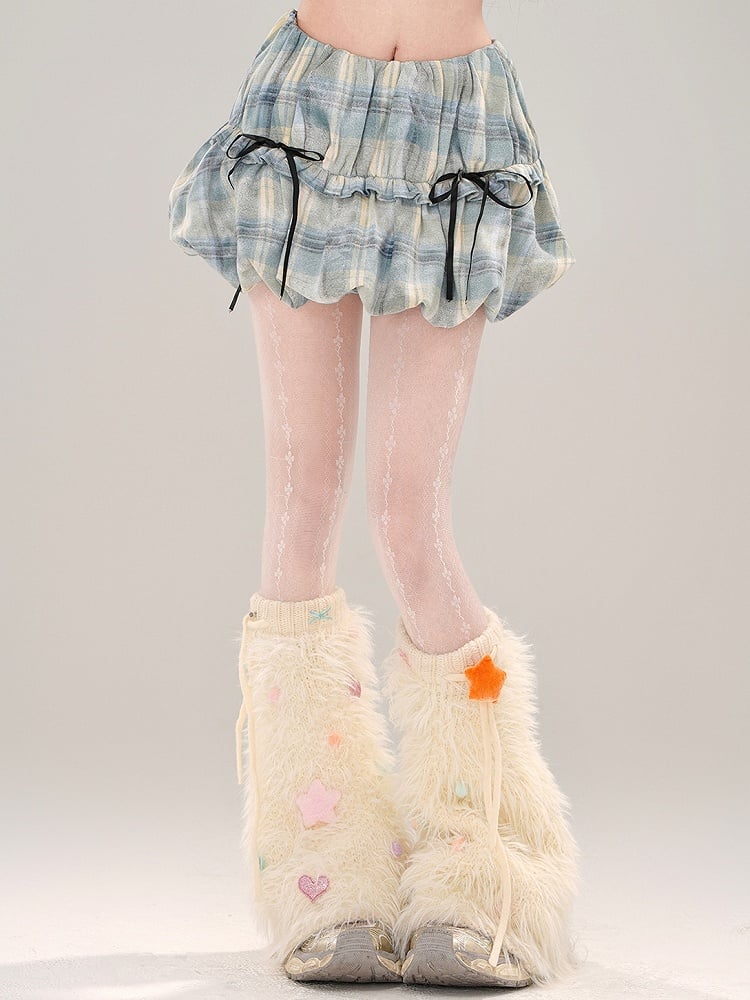 Blue Details Skirt Plaid Bubble Bowknot