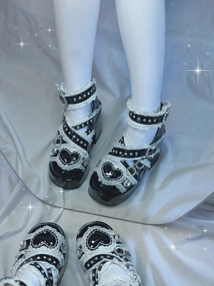 Jirai Buckle with Rhinestone Block Toe and Lace High Heel Embellished Black Straps Shoes: Round Cross Platform Kei