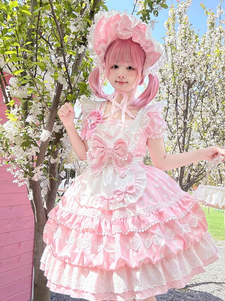 Dots Square Apron White Short Polka Dress Lolita with Sleeves Neckline Pink
