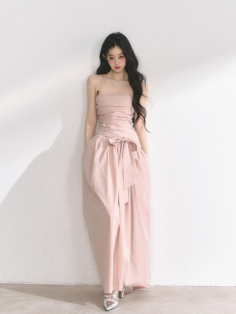 Pink/Gray Ruched Design Self-tie Bow Halter Neck Dress