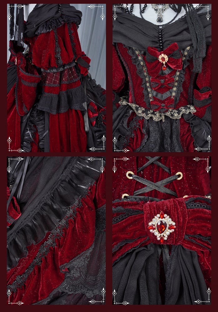 und Hanayome Kleid Schwarz Rüschen High-Low Lolita Cascading Schimmernder Samt Rot