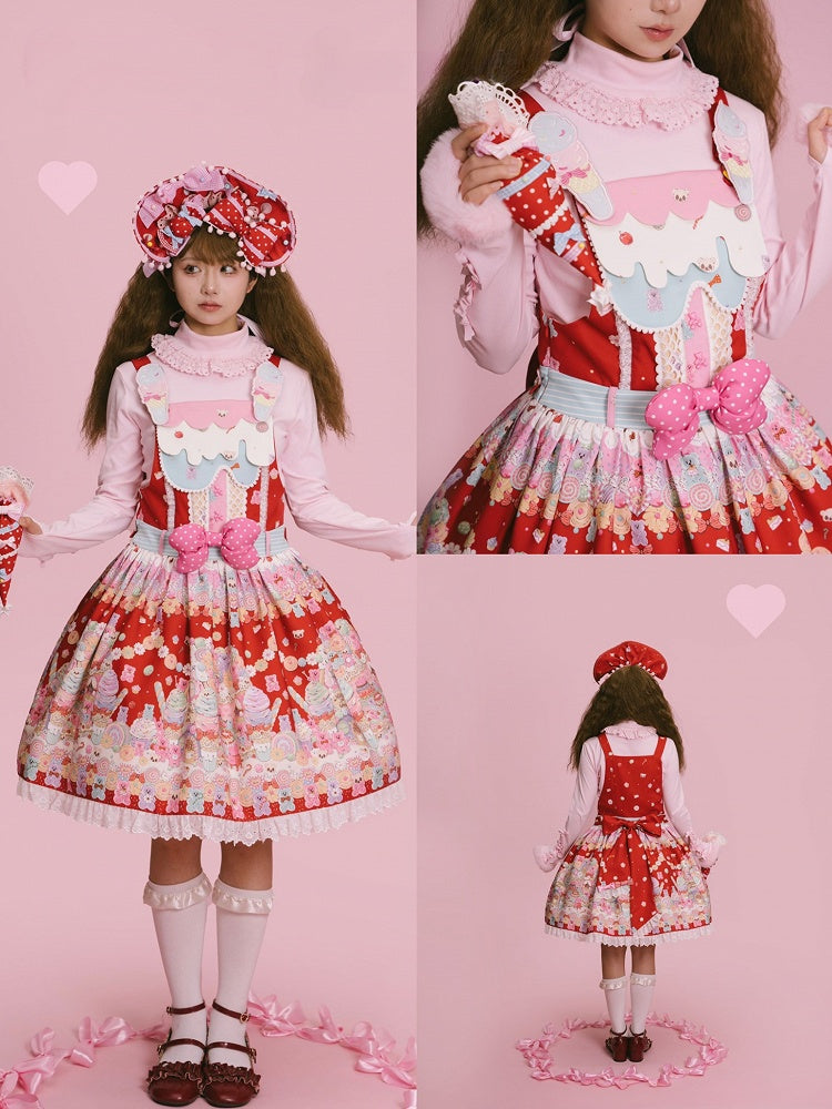 Overall Sweet Desserts Red Gummy Print and Bear Lolita Dress