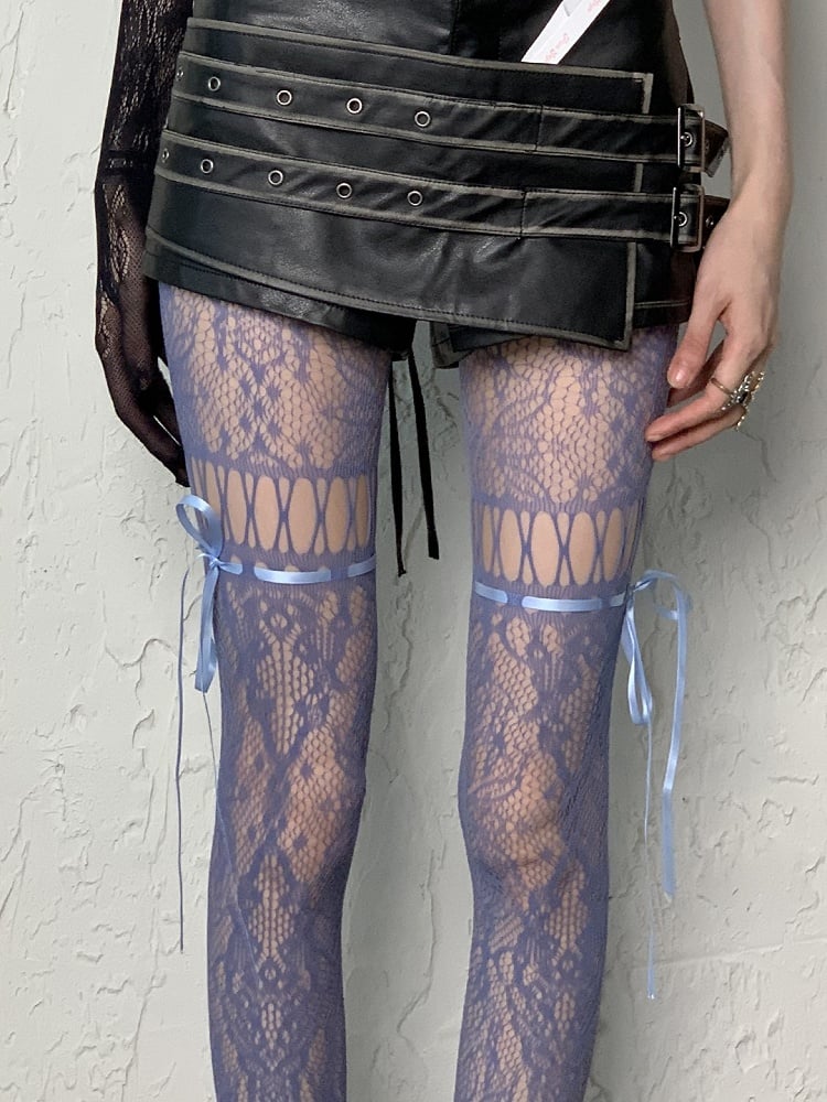 Cut-out Self-tie Coffee/Gray/Black/White/Purple/Blue Y2K Floral Pattern Design Tights Straps