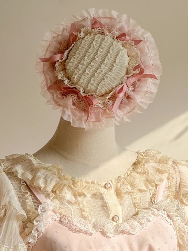 Sweet Trimmed Mini Hat Lolita Pink with Lace Ribbon Bows