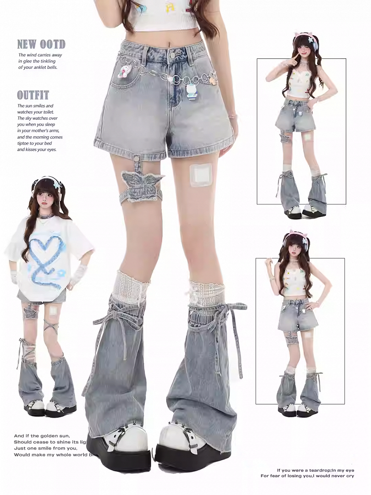 Y2K Butterfly Flared Leg Warmers Light and Garter Blue Denim Shorts with Detachable