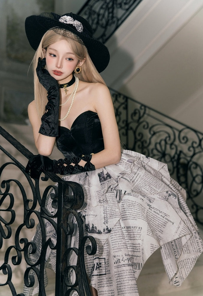 Elegant Skirt Layered Jumper Dress Lolita Print Newspaper Handkerchief