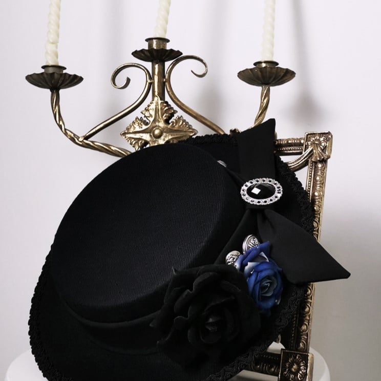 Lolita Ouji Hat Black and Flat Blue Roses