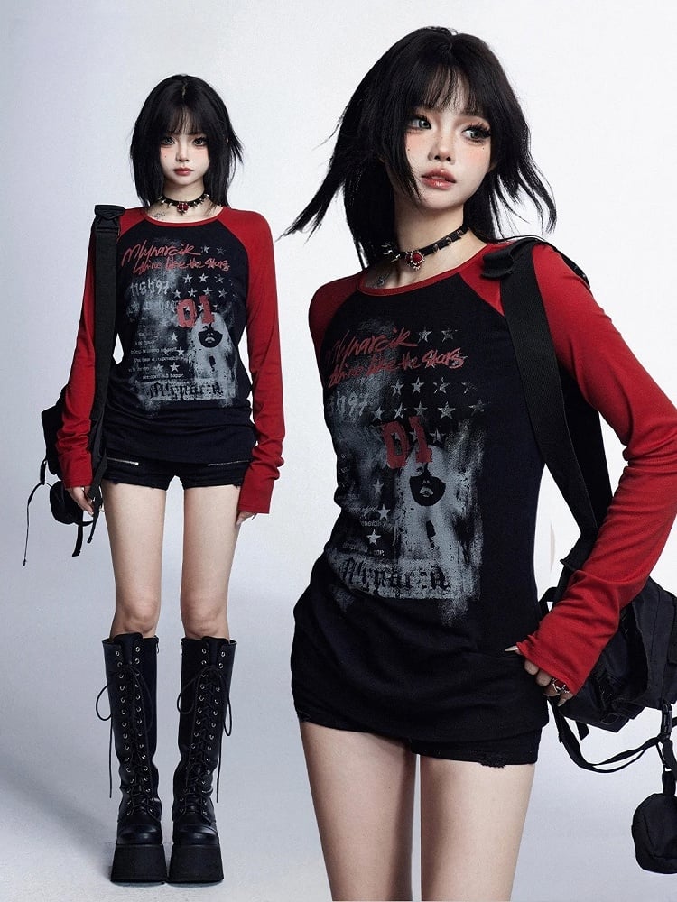 Vintage Glamorous Graphic Top Neck Red Black Round