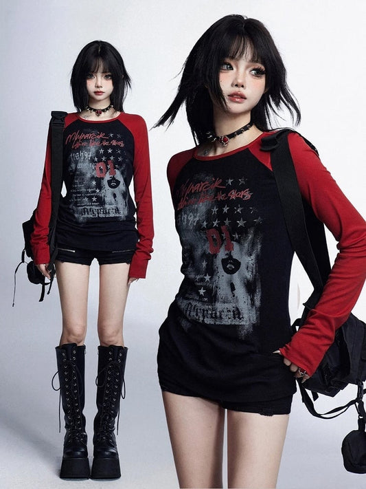 ヴィンテージグラマラスグラフィックトップネックレッドブラックラウンド