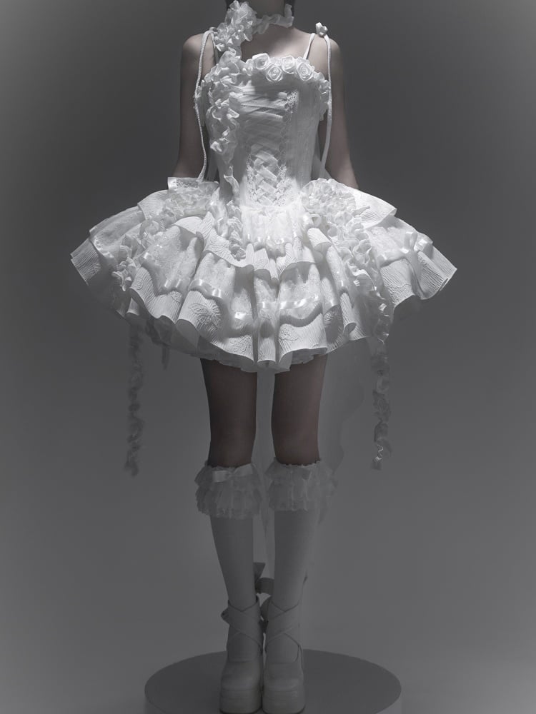 Robe gothique Lolita à col en V et manches papillons, motif ange et roses blanches