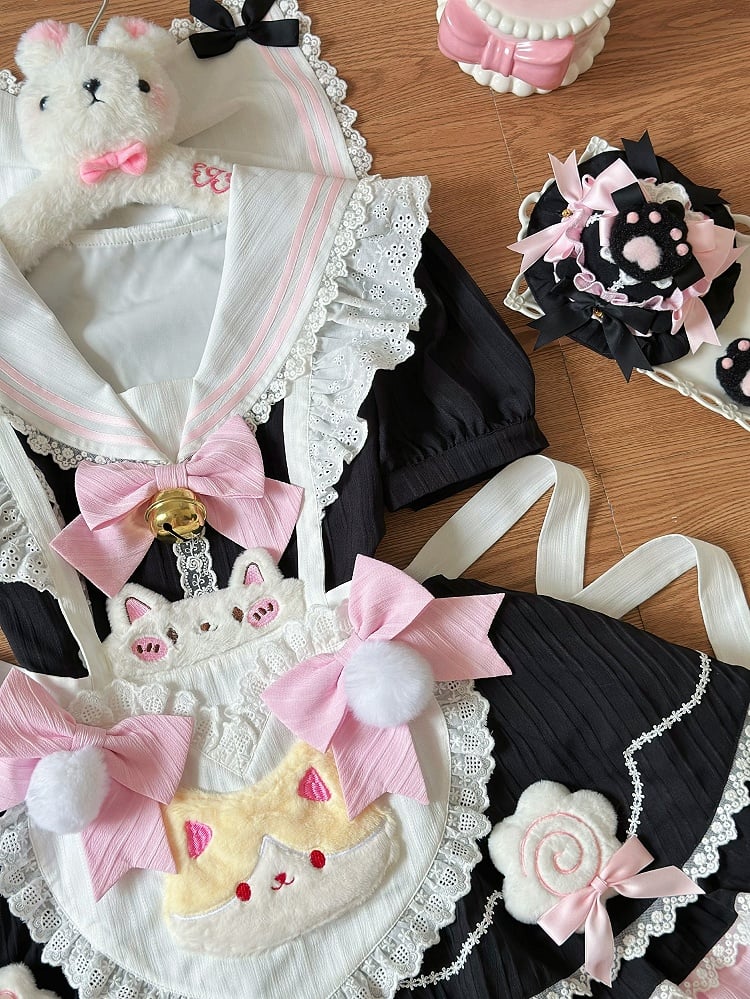 with Maid Pink Sailor Collar Apron Heart Lolita Black and Sweet Dress Kitty