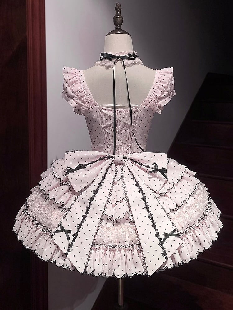 Ärmeln Stäbchen Abnehmbare Süße Taille Kleid mit Retro Polka Dots Lolita Rosa Puff