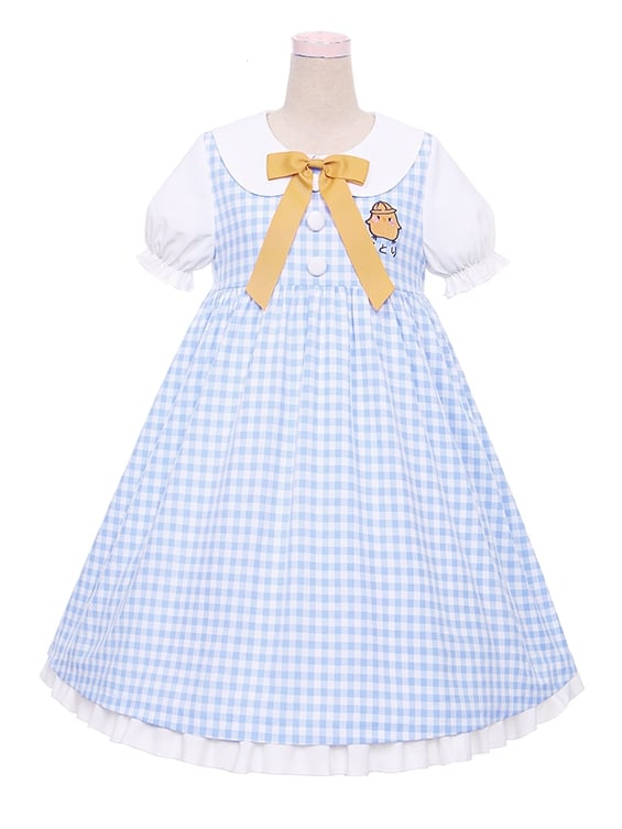 Blue Little Chicken Peter Pan Collar Plaid Short Puff Sleeves Dress