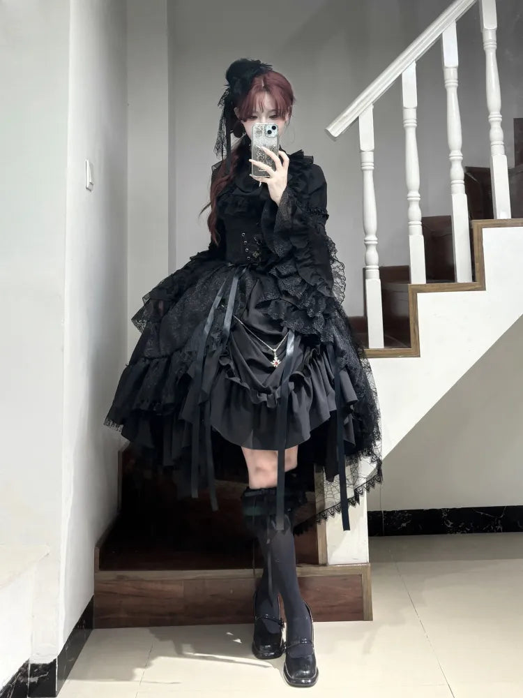 Black Waist Under Drawstring Lolita High Corset / Gothic Boned Skirt