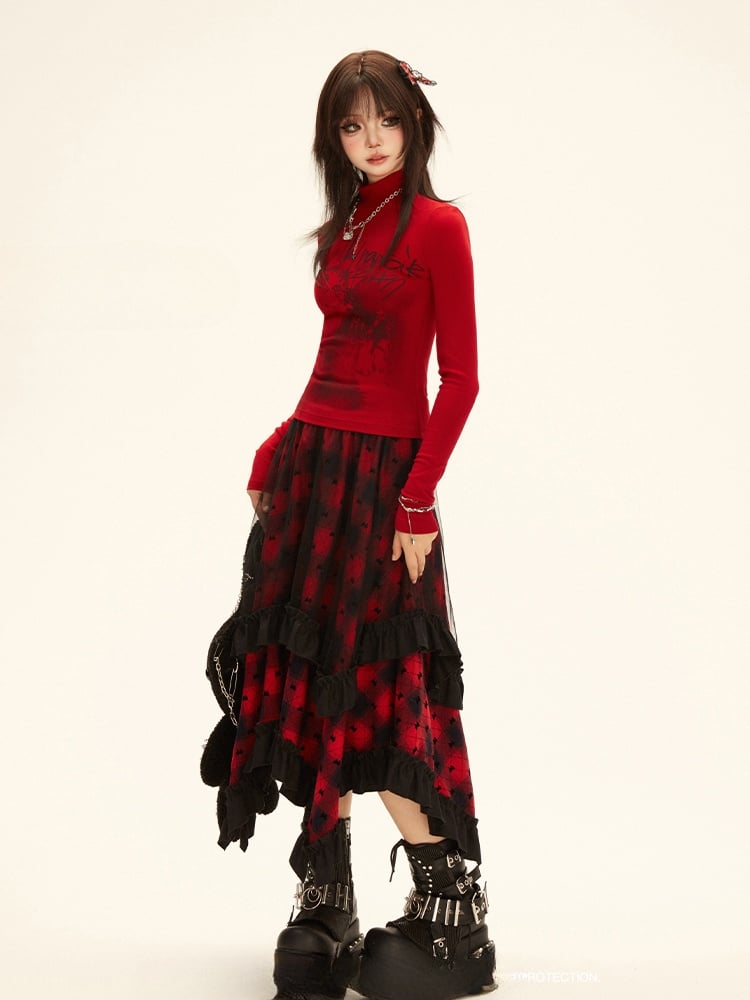 Red Plaid Pattern Asymmetrical Ruffled Hem Skirt Y2K